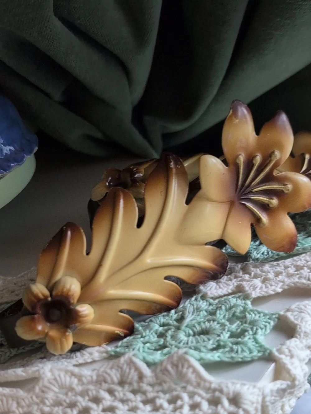 Vintage Leaf Flower Metal Tiebacks Brown Beige Art Deco Style Curtain Swag